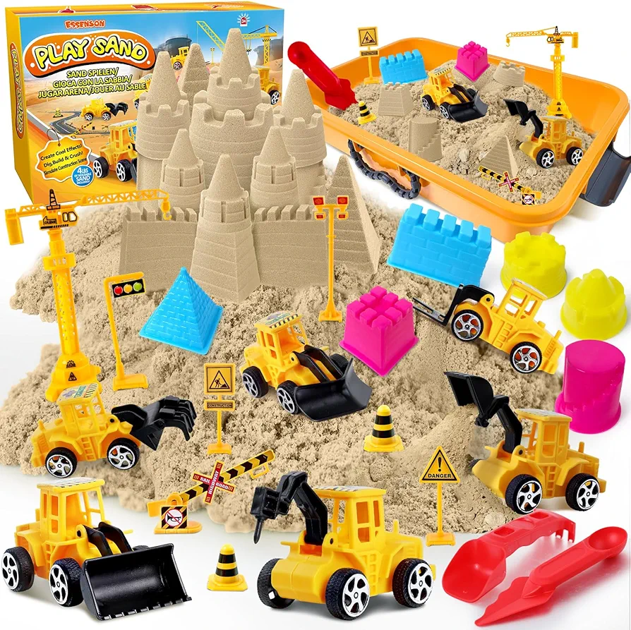 ESSENSON Construction Sensory Bin - Play Sand Kit with Toy Truck and 4lbs Magical Sand, Pretend Play Beach Sensory Toy Sandbox, Kids Gifts for Girls and Boys