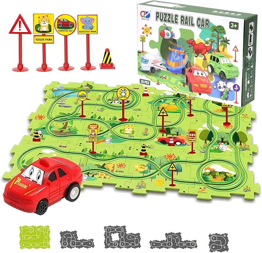 Puzzle Racer Kids Car Track Set, Car Track for Kids Toys Boys 3-5 with Floor Puzzles and Racer, Montessori Toys Preschool Gifts for 3 4 5 6 7 Year Old Boys Girls - Forests