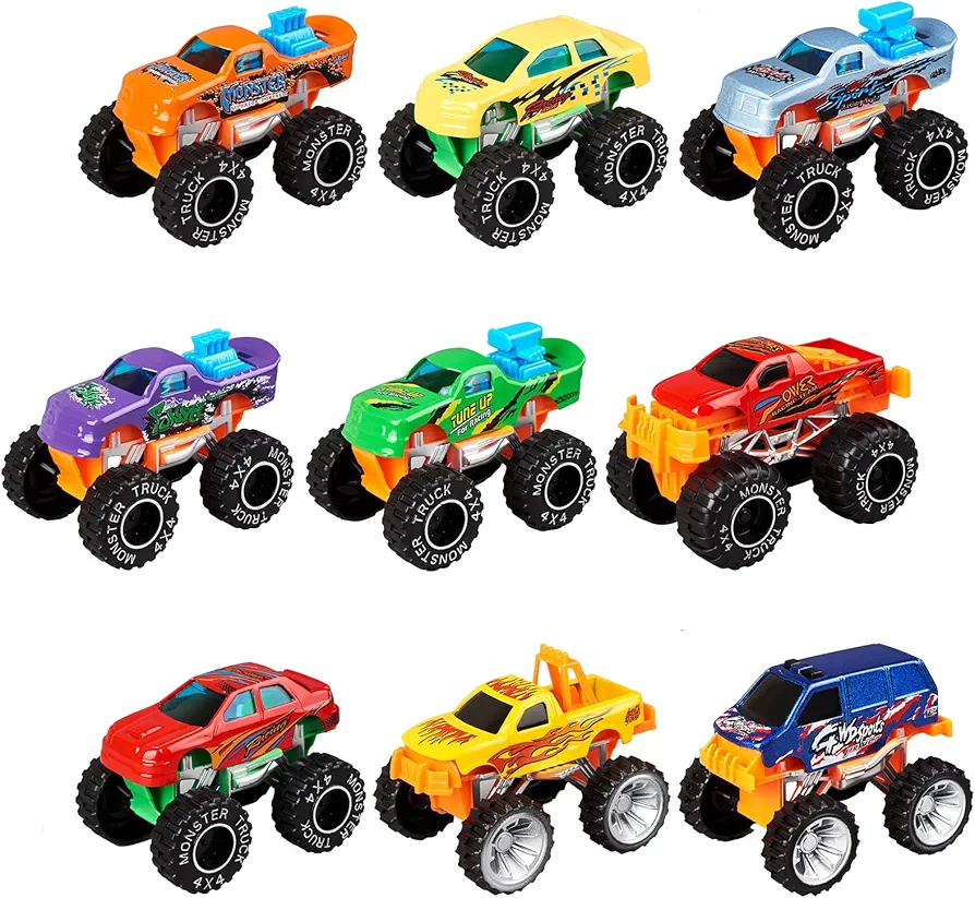 Golden Wheel Monster Trucks 1:64 Scale Die-Cast: 9 Pack Toy Car Vehicles for Kids Ages 3+ Years - Hot Toys Birthday Party Great Ideal Gifts