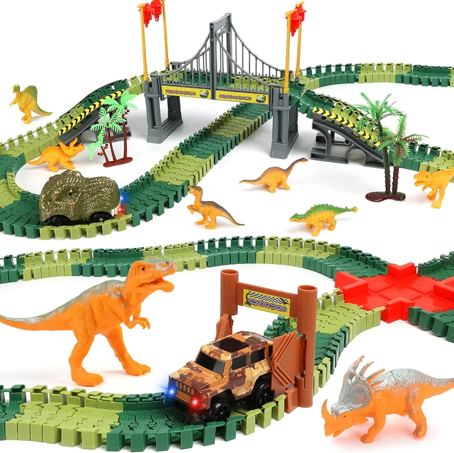 Dinosaur Track Toys with 227PCS Flexible Track, 1 Dinosaur Car, 1 Race Car, 8 Dinosaurs for 3 4 5 6+ Year Old Boys Girls Best Gift, Create A Unique Dinosaur World Road Race