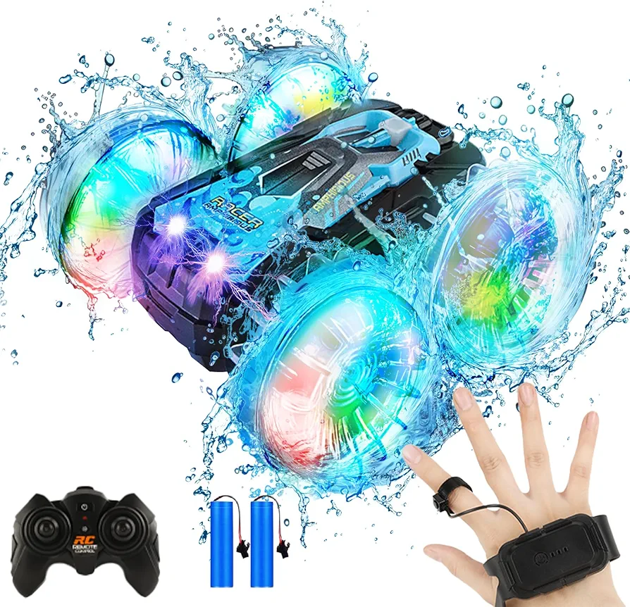 Amphibious RC Car for Kids Remote Control Boat with Lights 2.4 GHz Waterproof Monster Truck Stunt 4WD Vehicle All Terrain Water Beach Pool Toys for 5-12 Year Old Boys Girls