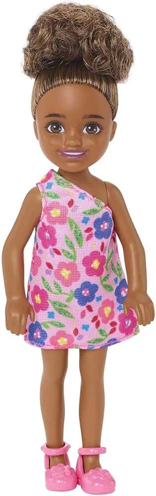 Barbie Chelsea Doll (Brunette Curly Hair) Wearing One-Shoulder Flower-Print Dress and Pink Shoes, Toy for Kids Ages 3 Years Old & Up