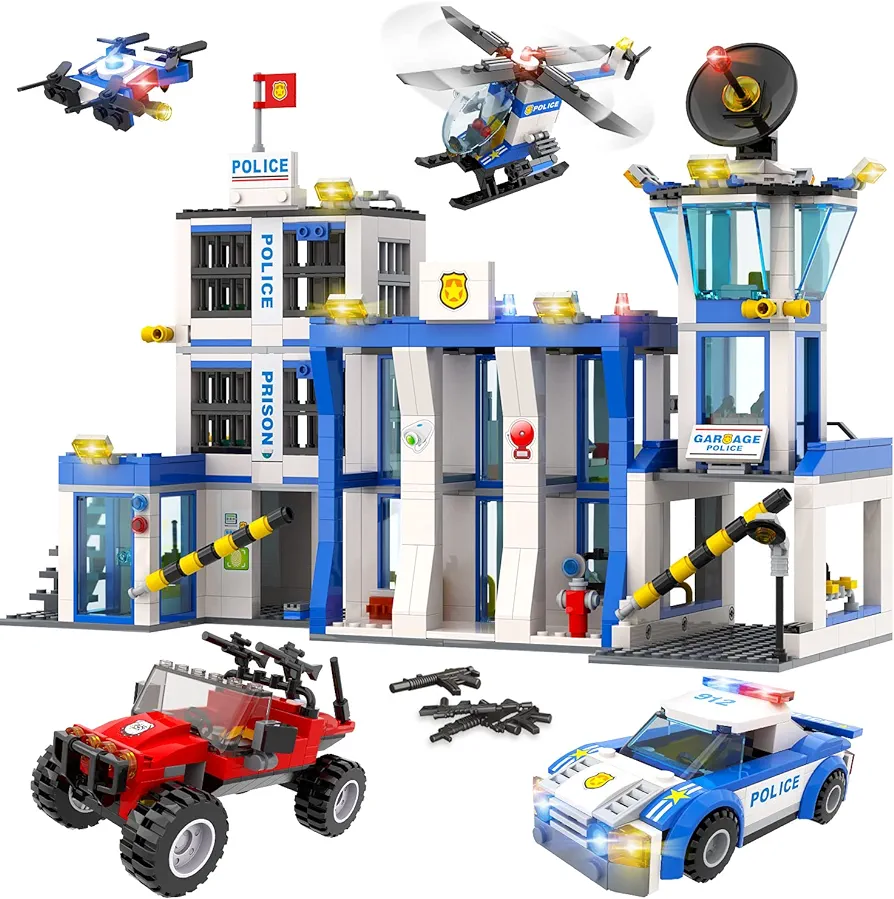 WishaLife City Police Station Toy Building Blocks Set with Prison, Police Car Toy, Helicopter Toy, Buggy Truck Toy, Fun Police Toys Gift for Kids, Boys and Girls Ages 6 Plus