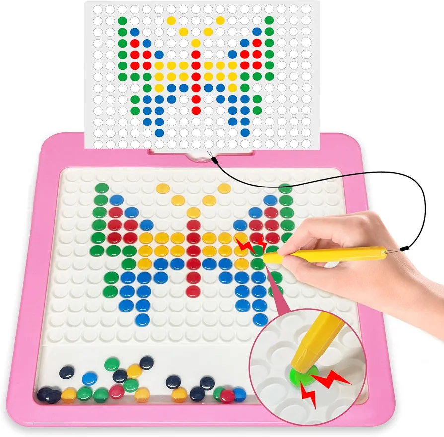 Magnetic Drawing Board for Kids,Large Magnet Doodle Board with Dot Beads and 20 Pattern Booklets,Montessori Educational Traveling Toy for 2 3 4 5 6 Year Old Boys Girls (Pink)