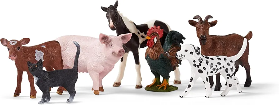 Schleich Farm World 7-Piece Farm Animal Gift Set Including Dalmatian, Cat, Pig, Goat, Rooster, Texas Longhorn Calf and Pinto Foal Animal Toys