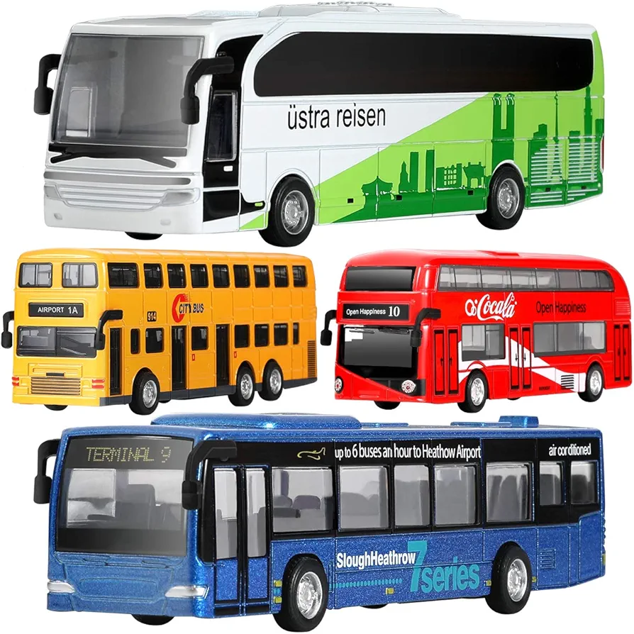 Geyiie School Bus Toy, Kids Die-Cast Metal Car Toys for Kids 3-8 Years Old Pull Back Car City Bus 1:80 Scale Double Decker London Vehicles, Cars Play Toys for Kids Easter Party Favor, Classroom Prizes