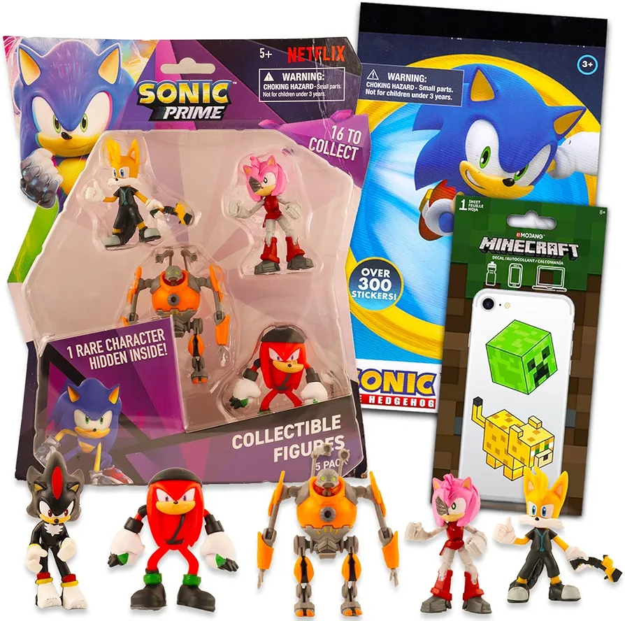 Sonic The Hedgehog Action Figure Set ~ Bundle with 5pk of 2.5" Sonic Figurines, Sonic Stickers, and More | Sonic Playsets for Kids | Styles May Vary