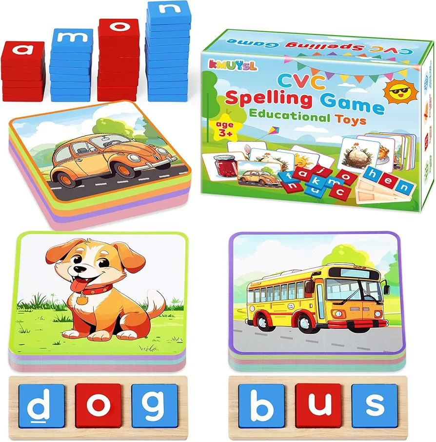 KMUYSL CVC Word Spelling Games, Wooden Learning Activities Toys, Educational Montessori Toy for 2 3 4 5 Years Old Toddlers Kids Boys and Girls, Flash Cards Sight Words for Kindergarten Preschool