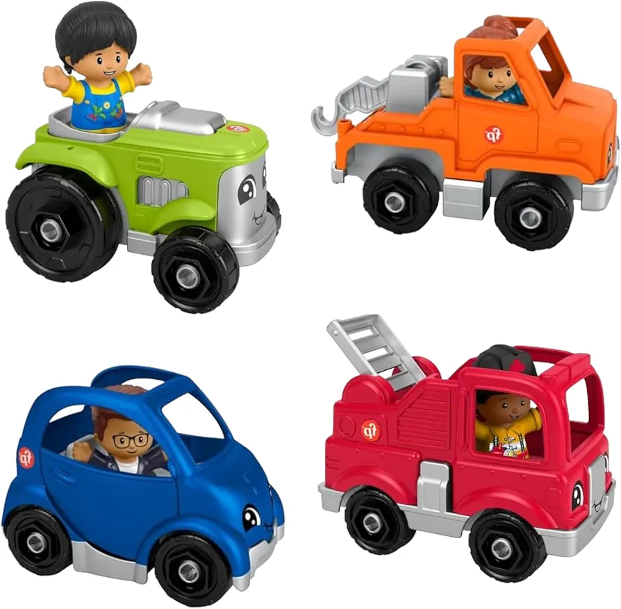 Fisher-Price Little People Vehicles and Figure Bundle with Fire Truck, Tractor, Electric Car and Toy Truck (Pack of 4)