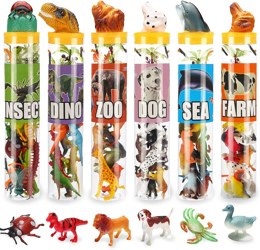 82 Piece Animal Toy, Assorted Mini Dinosaur Insect Ocean Sea Farm Jungle Animal Dog Figure, Realistic Vinyl Plastic Small Zoo Play Set for Sensory Bin Cupcake Topper Party Favors