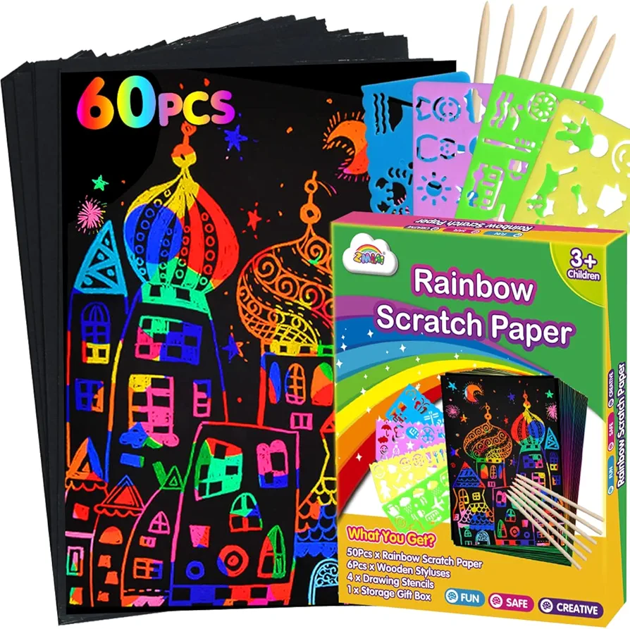 ZMLM Scratch Paper Art Set: 60Pcs Magic Drawing Art Craft Kid Black Scratch Off Paper Supply Kit Toddler Preschool Learning Bulk Toy for Age 3 4 5 6 7 8 9 10 Girl Boy Christmas Birthday Party Gift