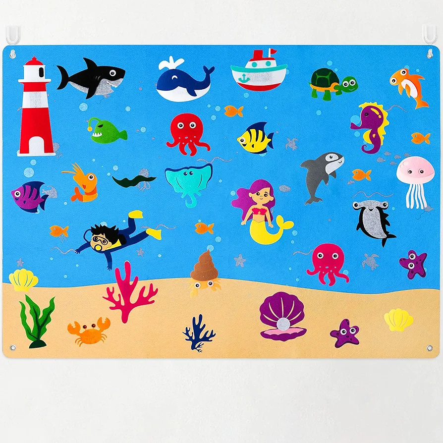 WATINC 45Pcs Under The Sea Teaching Felt Board Story Set 3.5 Ft Ocean Creatures Aquarium Storytelling Flannel Interactive Play Kit with Mermaid Diver Shark Reusable Wall Hanging Gift for Toddlers