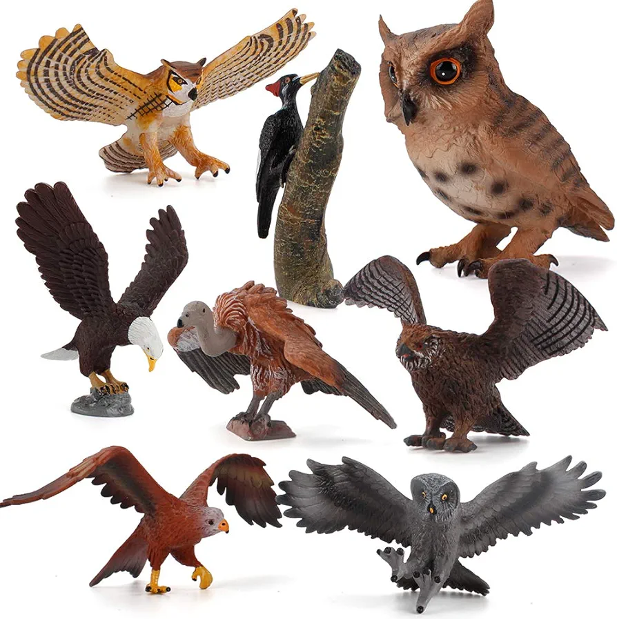 8 PCS Eagle Animal Figures Model Owl Woodpecker Figurines Family Party Supplies Cake Toppers Collection Desktop Decoration Development Set Cognitive Toy for 5 6 7 8 Years Boys Kid Toddlers