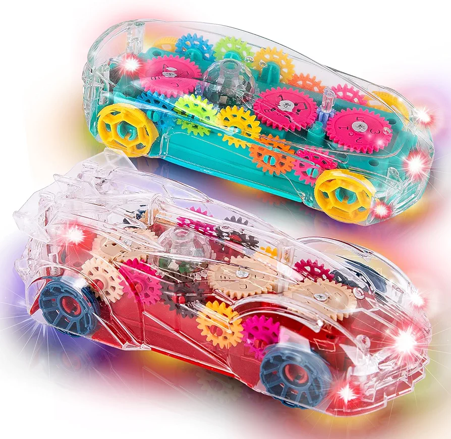 ArtCreativity Light Up Transparent Toy Cars for Kids, Set of 2, Bump and Go Toy Cars with Colorful Moving Gears, Music, and LED Effects, Fun Educational Toy for Kids, Great Birthday Gift Idea