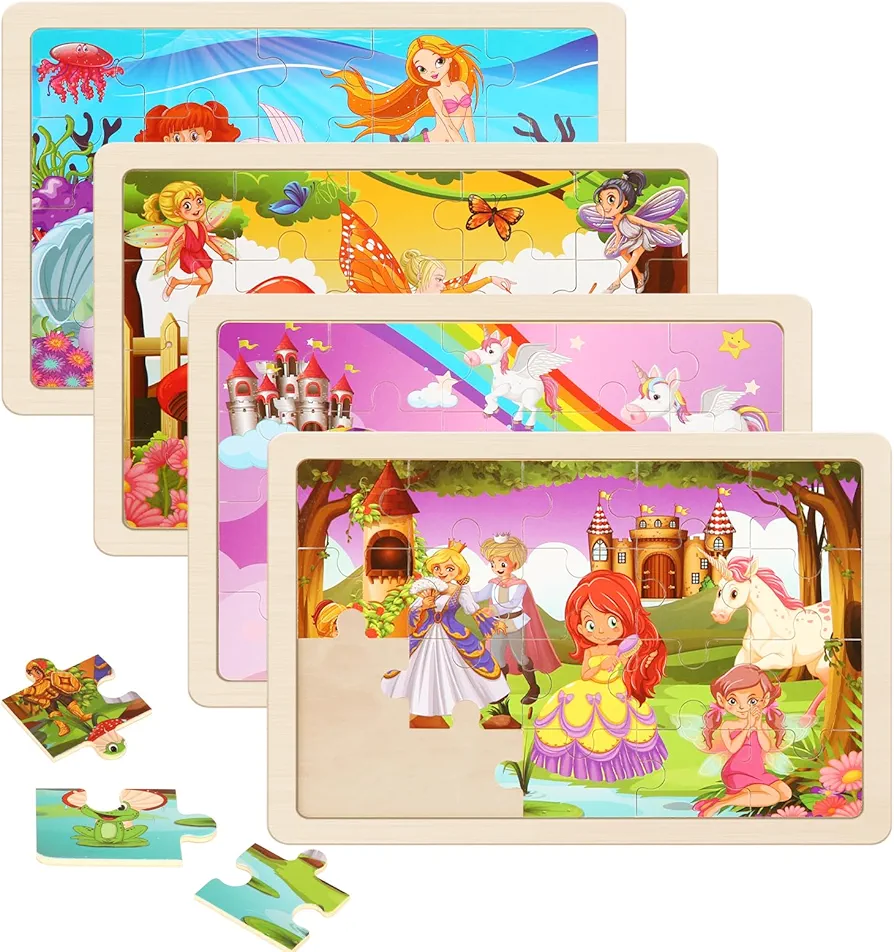 Wooden Puzzles Toys for Kids Ages 3-5, Set of 4 Packs with 20-Piece Unicorn Mermaid Princess Wood Jigsaw Puzzles, Preschool Educational Brain Teaser Toys for Girls 3 4 5 6 Years Old.