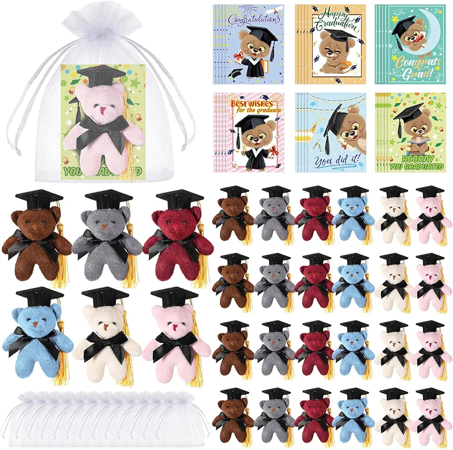 Hanaive 30 Sets Mini Graduation Stuffed Animal Graduation Party Favors Bulk 30 Pcs Grad Animal Keychain with Cap 30 Pcs Card 30 Pcs Organza Bag Plush Toy for Class of 2024 Gifts(Bear Style)