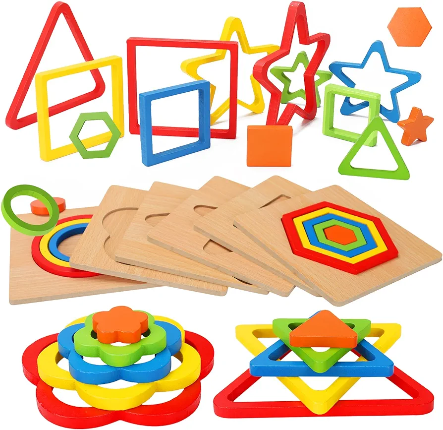 Toddler Puzzles Montessori Toy Wooden Shape Sorting Puzzle Sensory Toy Toddler Activities Preschool Learning Educational Autistic Developmental Toy 1 2 3 Year Old 1-3 0-2 Dementia Games Easter Gift