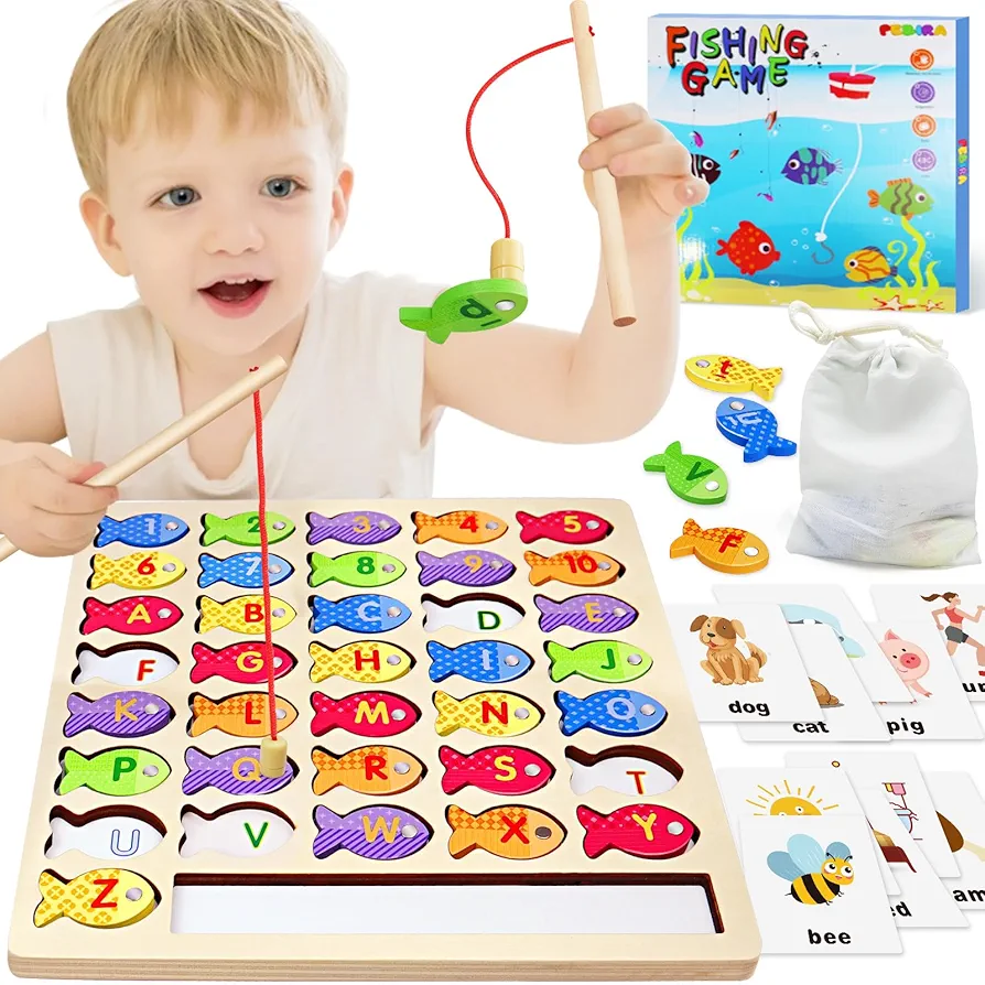 Toddler Toys for 2 3 Year Old Boy, Wooden Magnetic Fishing Game with Letter Cards and Storage Bag, ABC Alphabet Number Preschool Educational Toys, Montessori Fine Motor Toy Gifts for Ages 2-4 Kid Girl