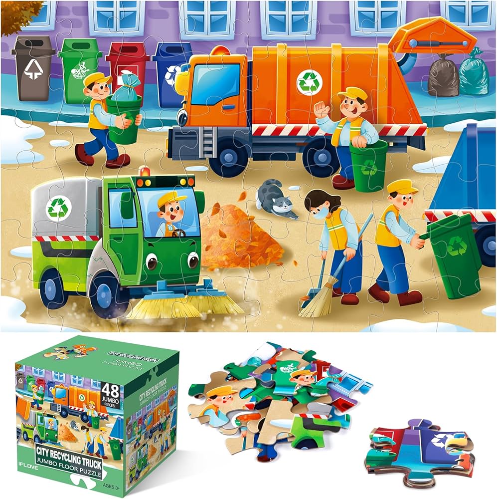 Jumbo Floor Puzzle for Kids,Recycling Garbage Truck Jigsaw Large Puzzles,48 Piece Trash Truck Vehicle Puzzle for Toddler Ages 3-5,Children Learning Preschool Educational Toys,Gift for 4-8 Years Old