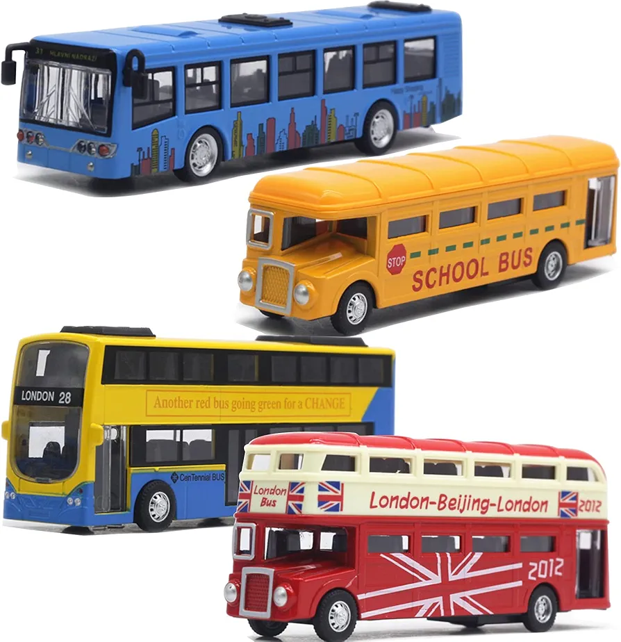 Bus Toys Pull Back School Bus Double Decker London Vehicles City Sightseeing Tour Bus Die Cast Metal Toy Cars Friction Powered Play Vehicle Toy Set for Kids 4 Pack