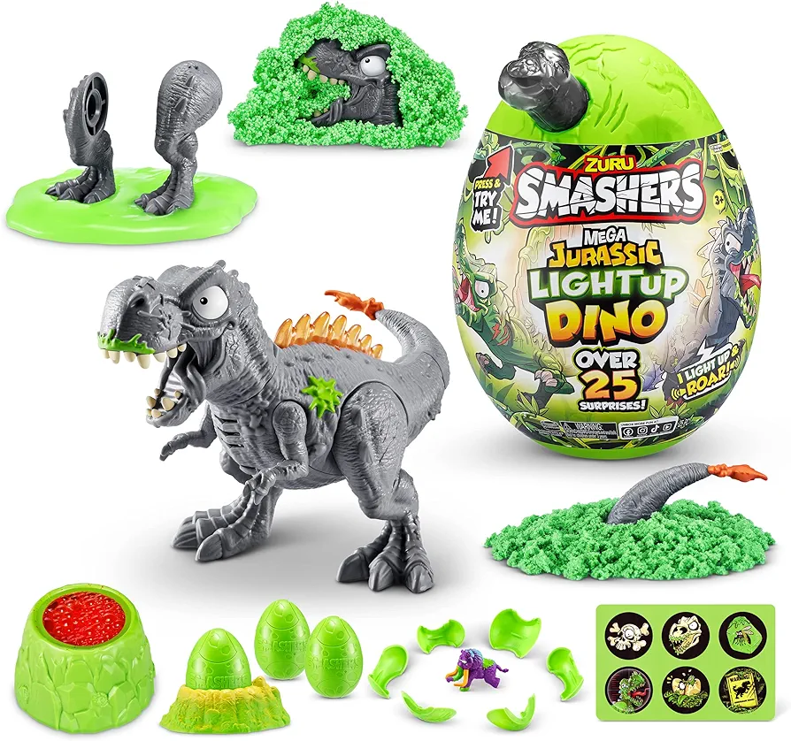 Smashers Mega Jurassic Light Up Dino Egg (T-Rex) by ZURU Collectible Egg with Over 25 Surprises, Volcano Slime, Fossil Toy, Dinosaur Toys, T-Rex Toy for Boys and Kids