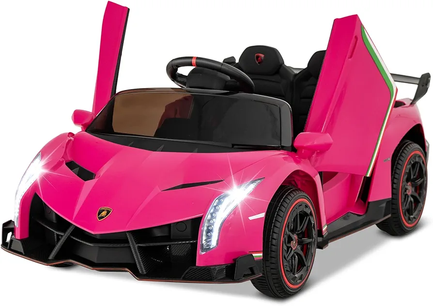 Costzon Pink Lamborghini Ride on Car, 12V Battery Powered 4WD Kids Lambo Car W/Remote Control, 3 Speeds, Dual Doors, LED Lights, Horn, Music, Lamborghini Licensed Electric Vehicle for Girls Kids Gift