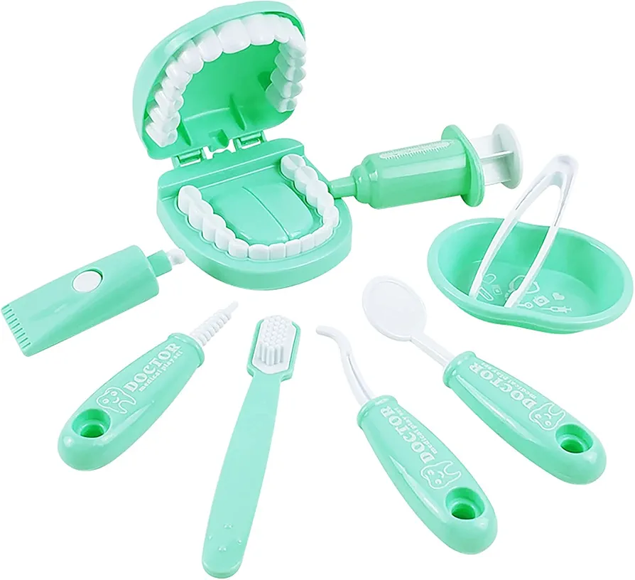 Dental Early Education Brushing Toys, YOUYA DENTAL 9Pcs/Set Children Role Play Toys Crocodile Early Education Cartoon Tooth Brushing Model Preschool Education Toy Dentist Game for Kids Classroom GREEN