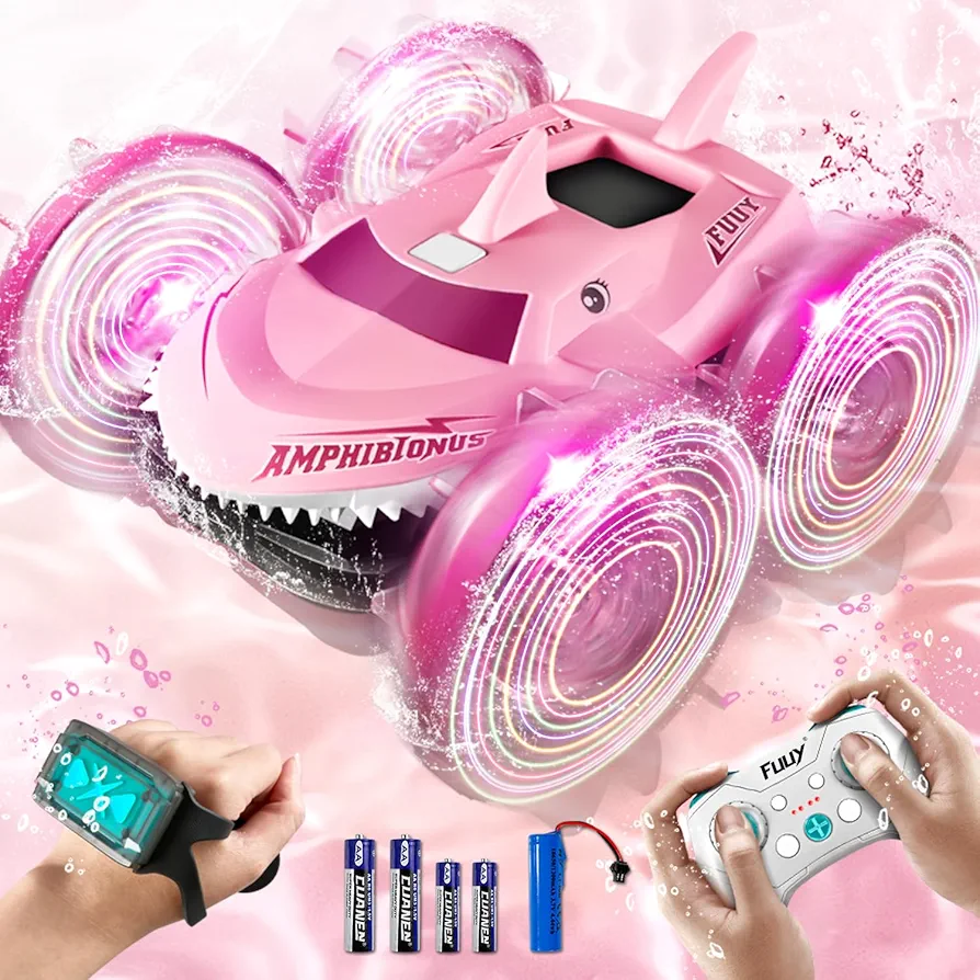 Amphibious RC Car with Lights for Kids 3-12 Year Old Girls Toy Pink Waterproof Monster Truck Stunt 4WD Vehicle Pool Toys for Girls Birthdays Gifts