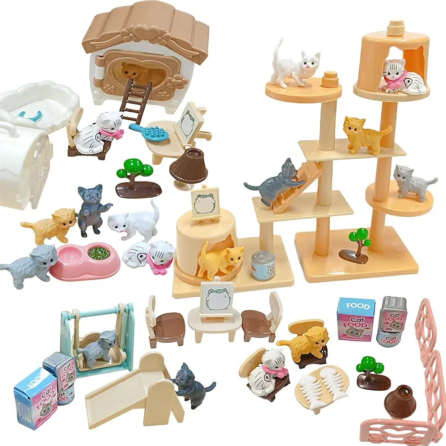 45-Piece Cat Figurine Playset - Pet Pretend Play Toys, Realistic Pet Care Center Role Play DIY Kitty Toys for Kids,Girls