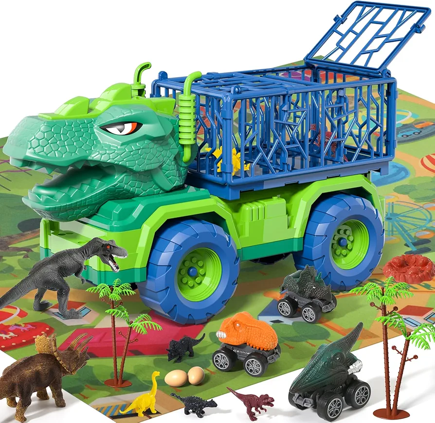 Bennol Toddler Boys Toys Gifts for 2 3 4 5 Years Old Boys, Dinosaur Trucks Toys for Kids 2-4 3-5 Years with 8 Dino Figures, 3 Pull Back Dinosaur Cars, Play Mat, Dinosaur Playset Gifts for Boys Girls