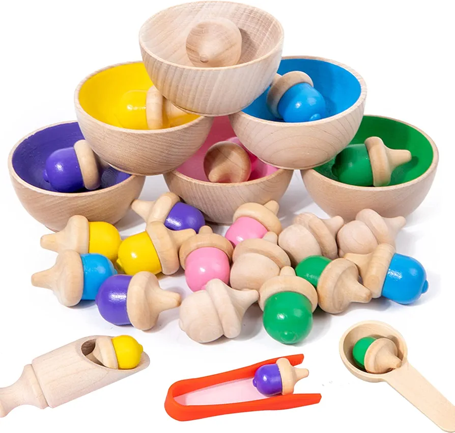 Color Sorting Toys for Toddlers, Wooden Acorns Counting Toys with Bowls Tweezer Spoon Color Learning Activities Teaching Toy Color Matching Game Montessori Toys Gift for Kids Boys Girls