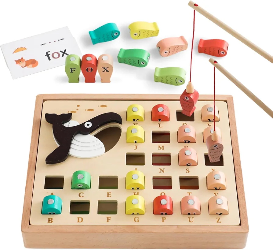 Wooden Magnetic Fishing Game for Toddlers Montessori Educational ABC Learning Alphabet Color Sorting Puzzle Toys Preschool Learning Activities Fine Motor Skill Travel Toy for Boys Girls