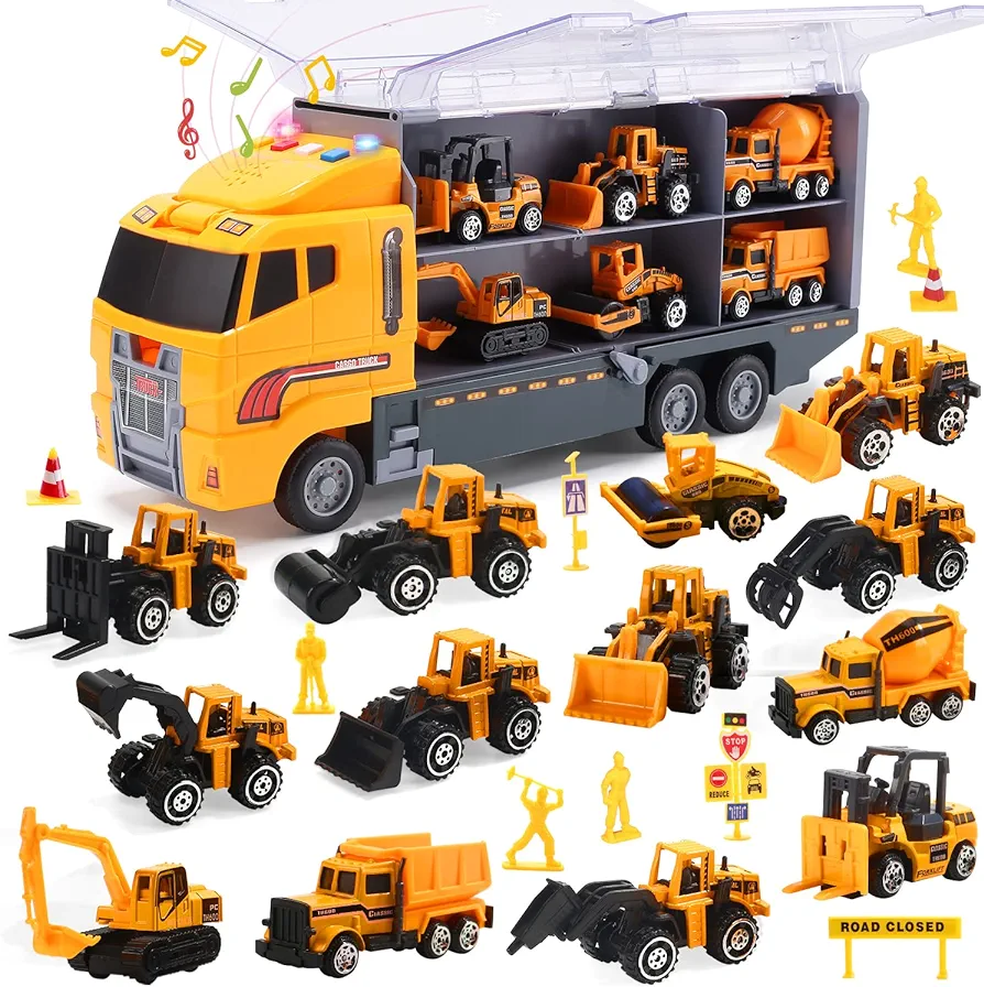 CUTE STONE 25 in 1 Construction Trucks Push and Go Car Carrier Truck Toy, Play Vehicles with Sounds and Lights, 12 Mini Diecast Trucks Included