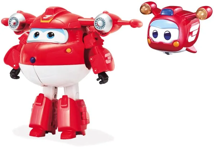 Super Wings - 5" Transforming 2-Pack Supercharged Jett & Super Pet Jett Airplane Toys | New from Season 5 | Airplane to Robot | Preschool Birthday Gifts for 3 4 5 Year Old Kids | with Light Effect