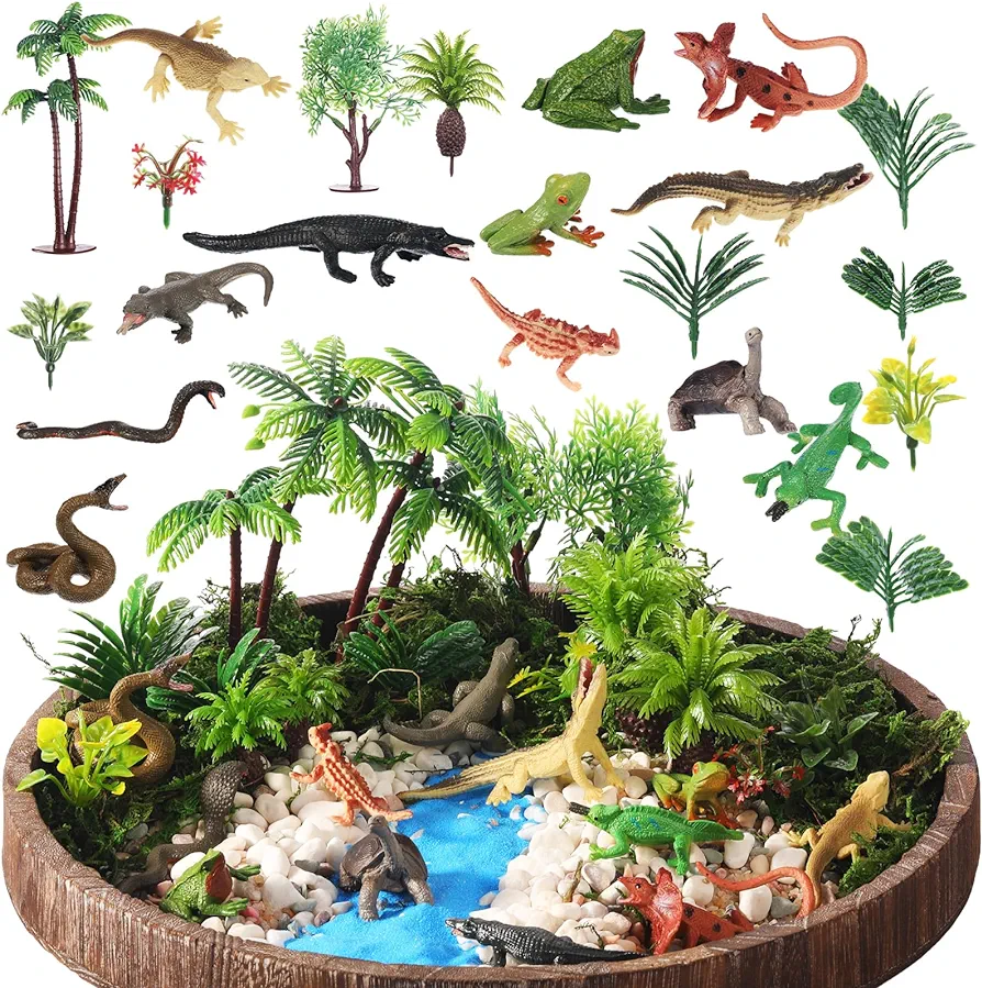 Sratte 26 Pcs Amphibious Animals Figurines Toys Diorama Project Kit Plastic Reptile Lizard Snake Alligator Playset Cake Toppers Model Trees Kit for Kids Toddlers Educational Learning Birthday Gift