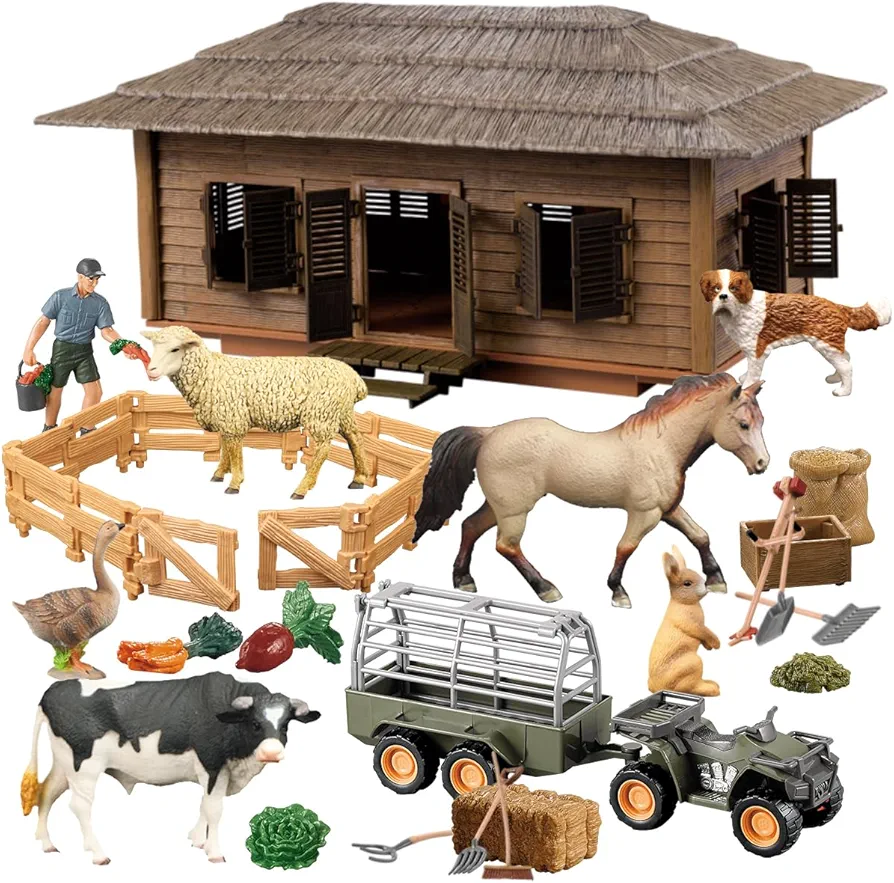 Exciting Large Barn Animal Farm Figures Playset, Big Farm Toys Realistic Animal Model Set with Farm House (Ranches-A)