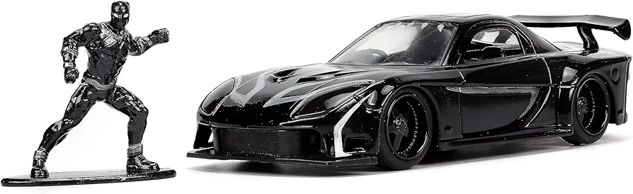 Marvel 1:32 Black Panther 1995 Mazda RX7 Widebody Die-Cast Car & 1.65” Black Panther Figure, Toys for Kids and Adults