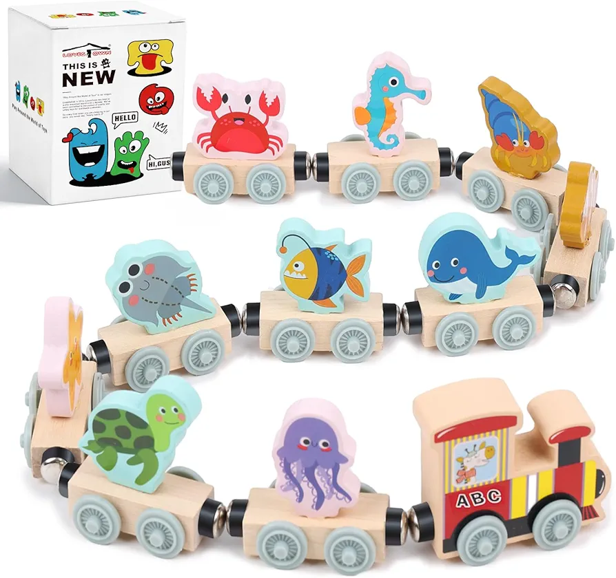 LovesTown 11PCS Magnetic Wooden Sea Animal Train Set, Montessori Toys for Toddlers Ocean Animal Toys for Preschool Learning Activities Kids Birthday Gifts