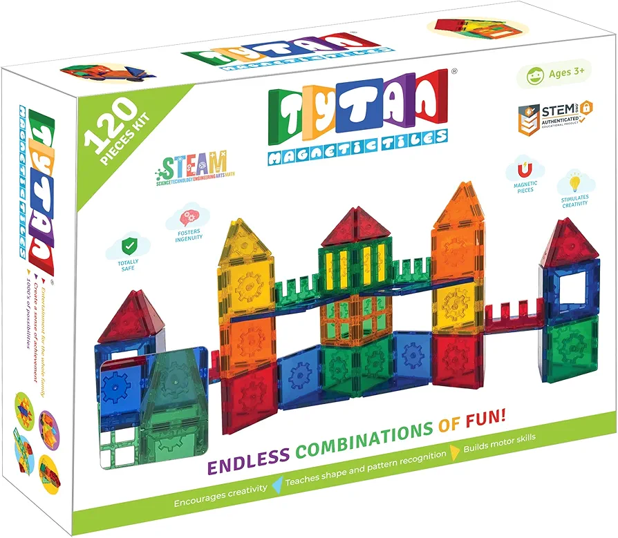 Tytan TILES 120-Piece Magnetic Tiles Building Set, 1000s of Creations, Race Cars, 3D Structures, Ergonomic Design, Kids’ STEM Toy, Architecture, Innovative Play, includes Storage Bag, Ages 3 and Up