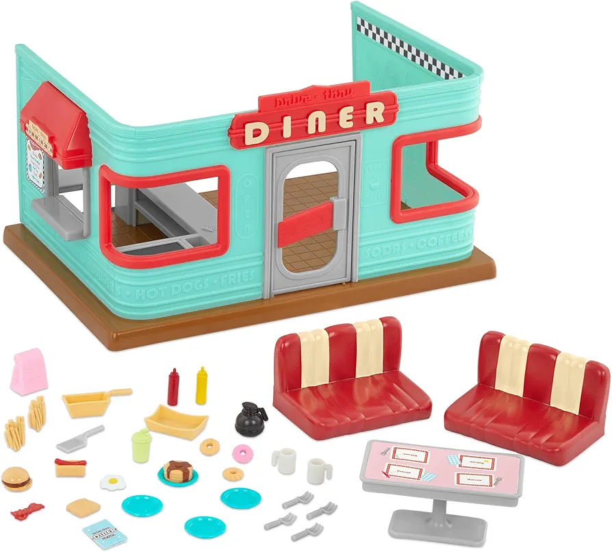 Li’l Woodzeez – Li'l Nibbles Drive Thru Diner – 37Pcs Dollhouse Playset with Furnitures & Accessories – Pretend Play Toy for Kids Age 3+