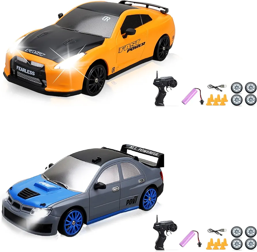 2PCS RC Drift Cars, 1/24 RC Car 2.4GHz 4WD Remote Control Car RC Drift Racing Car High Speed RC Cars with Cool Lights, Rechargeable Battery and Extra Tires Birthday Gifts for Kids