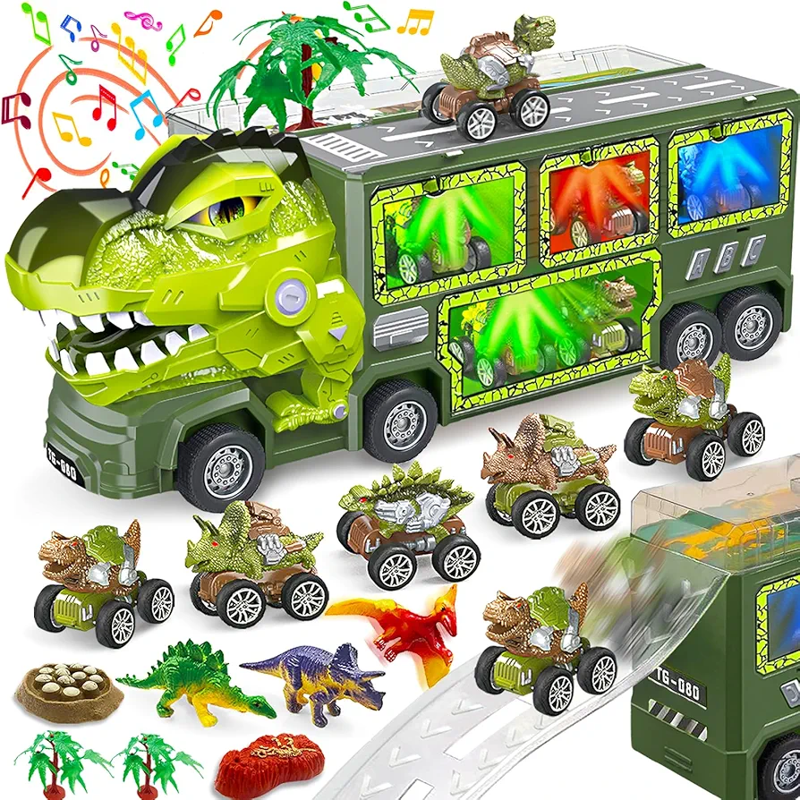 Dinosaur Toys for Kids 3-5, Truck Toy with Lights, Music, T-Rex Transport Car Carrier Truck with 5 Pull Back Dinosaur Cars, 3 Dino Figures, Kids Gift for Christmas, Birthday