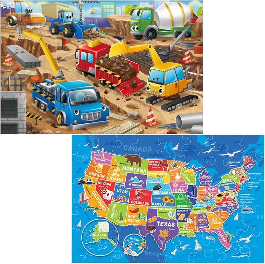 Jumbo Floor Puzzle for Kids Construction Site US Map Jigsaw Large Puzzles 48 Piece Ages 3-6 for Toddler Children Learning Preschool Educational Intellectual Development Toys 4-8 Years Old Gift