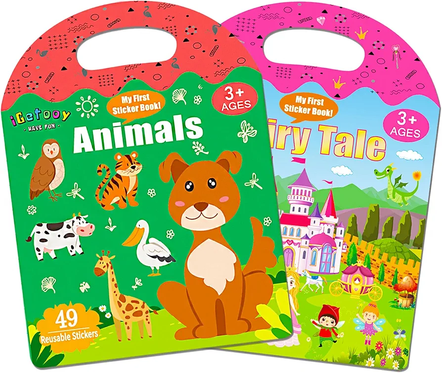 Reusable Sticker Books for Toddlers 1-3, 2 Sets Jelly Quiet Book, Preschool Learning Activities Busy Book for Toddler Travel Toys Waterproof Stickers for Kids (Fairy Tale & Animals)