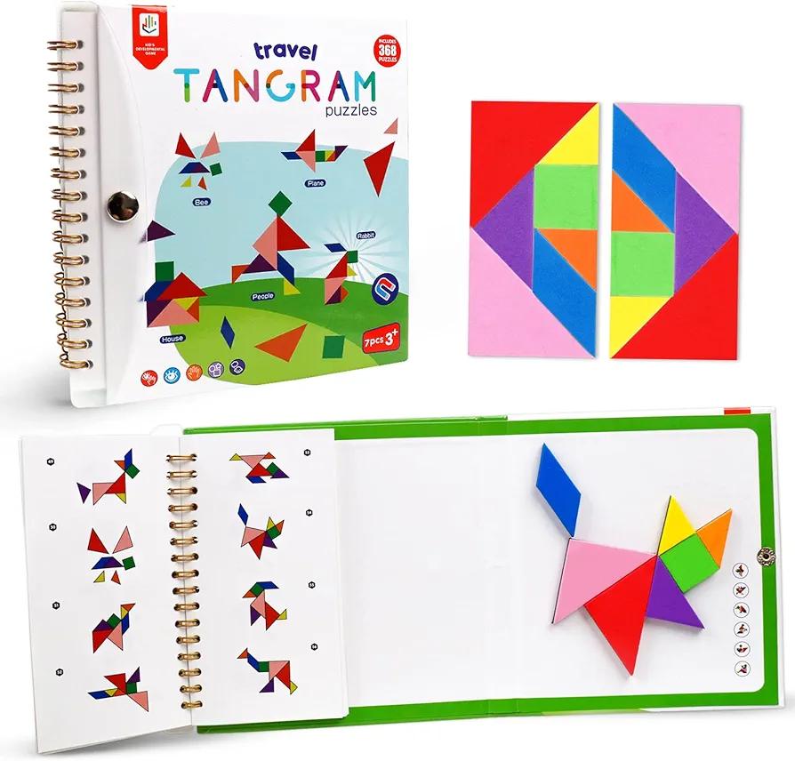 Travel Tangram Puzzle With 2 Set, Magnetic Pattern Blocks Road Trip Games Educational Jigsaw Challenge Books For Kid Adult Brain Teasers With 368 Solution Montessori Travel Toys For Kids In Car