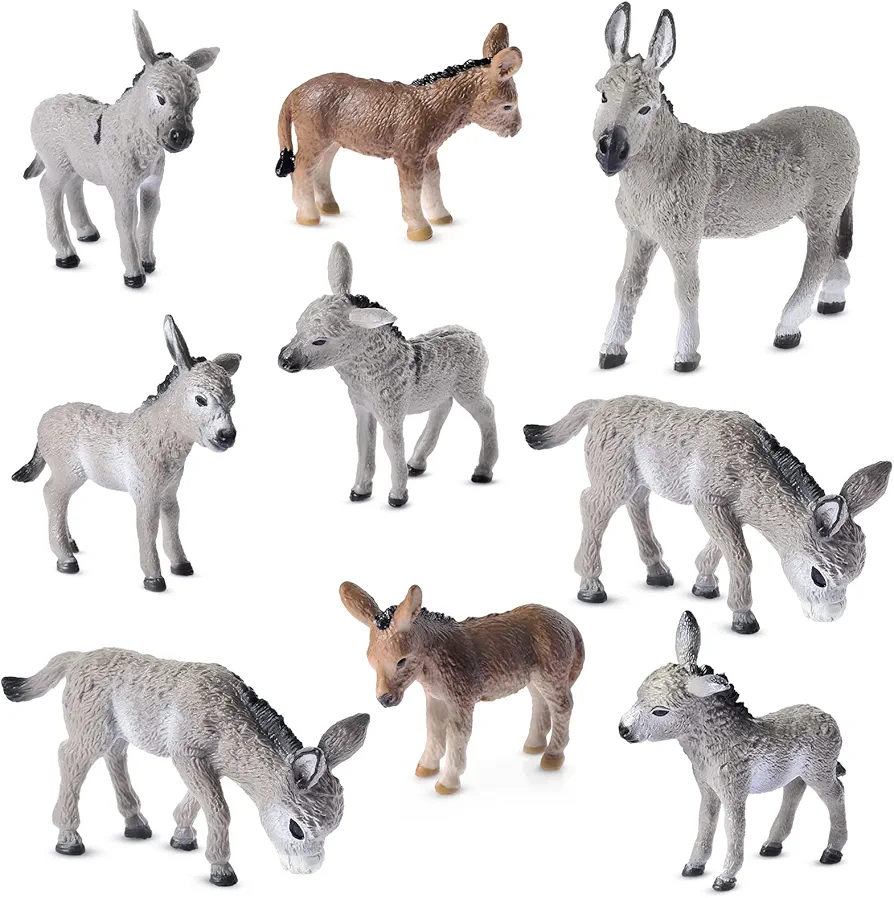 9 Pcs Donkey Figurine Miniature Toy Donkey Small Plastic Animal Figurine Party Favors Realistic Farm Toys Simulated Model Little Preschool Toy Figure Playset Cake Topper for Collection Birthday Gifts