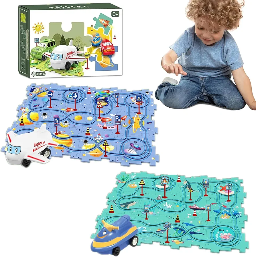 Puzzle Racer Kids Car Track Set, Space Jigsaw Puzzle Racer Car Track Set Puzzle Track Car Play Set Preschool Gifts for Kids Christmas Birthday Gift for Boys Girls