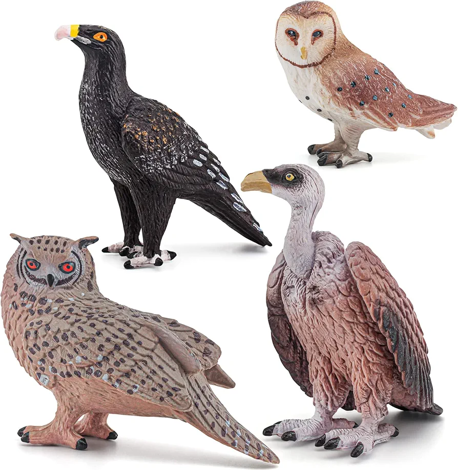 Atralo Service Bird Figurines Wild Life Jungle Animal Figure Playsets 4 PCS Eagle Vulture Owl Action Figures Model Toys for Kids Boys Girls