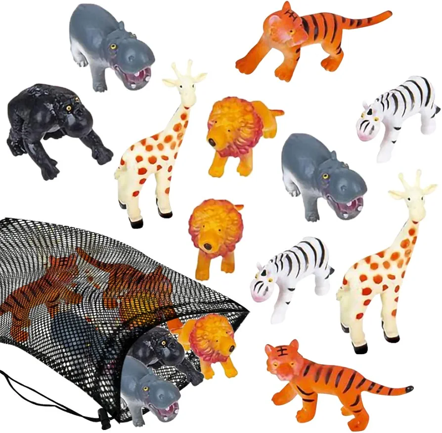 ArtCreativity Safari Figures Assortment in Mesh Bag, Set of 12 Mini Animal Figurines in Assorted Designs, Fun Bath Water Playset for Kids, Party Favors for Boys and Girls