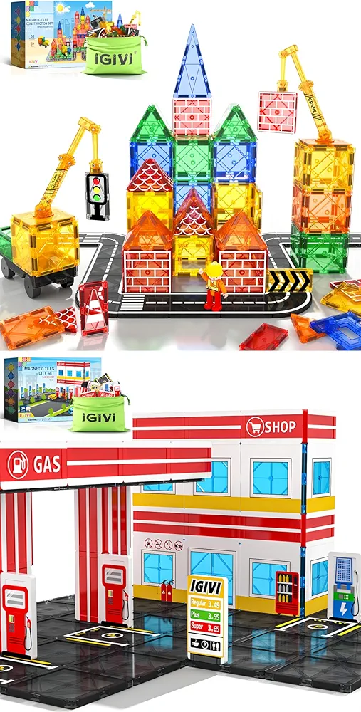 Magnetic Tiles Road Set with Magnet Crane Car Toys,Magnetic Tiles Gas Station Playset, Magworld Expansion Pack, Magnet Building Blocks for Toddler Kids Toys